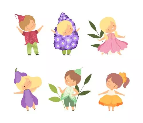 وکتور EPS مجموعه وکتور لباس کارناوال کودکان بامزه پسر و دختر به شکل گل 27246