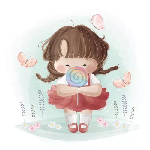 وکتور EPS دختر کوچک بامزه در حال نگه داشتن آبنبات چوبی رنگین کمان 27249