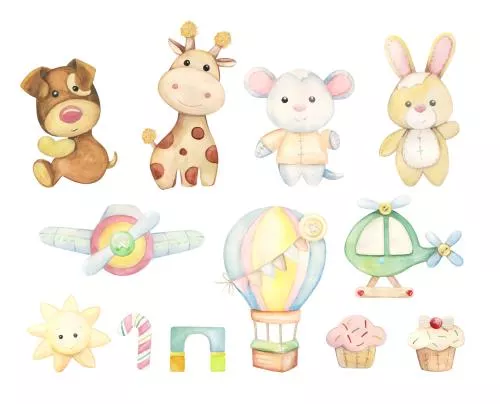 وکتور EPS مجموعه آبرنگ کارتونی سگ، زرافه، خرگوش، موش، خورشید و کیک با پس زمینه ایزوله 27254