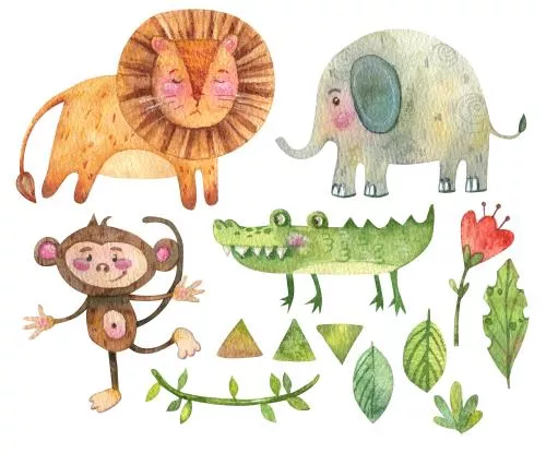 عکس با کیفیت تصویرسازی حیوانات وحشی استوایی شیر فیل میمون تمساح برگ نخل گل 27261