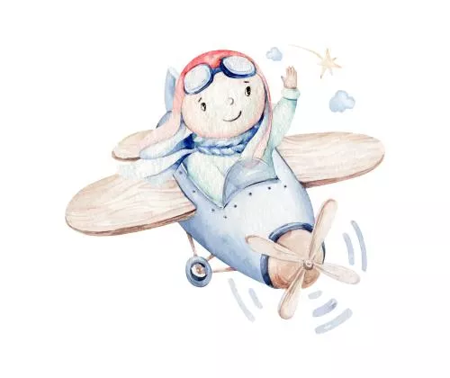 وکتور EPS طرح کارتونی بچه پسر خلبان با هواپیما به سبک آبرنگی 27269