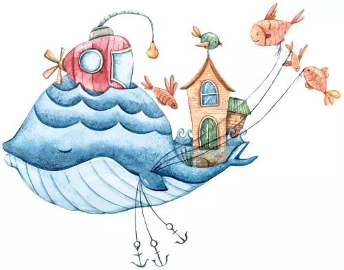 وکتور کاراکتر کارتونی بامزه نهنگ نقاشی دستی آبرنگی برای چاپ کودک 27271