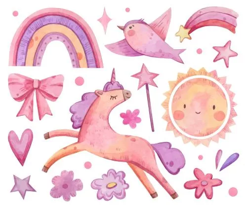 مجموعه وکتور های نقاشی دستی آبرنگ تک شاخ های ناز با گل آفتابگردان، ستاره، پرنده و پر در پس زمینه صورتی 27272