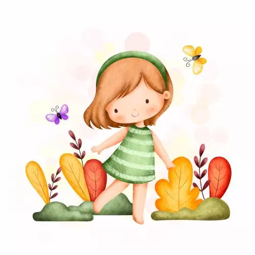 وکتور EPS تصویرسازی آبرنگی دختر بامزه در باغ با پروانه و برگ های پاییزی 27275