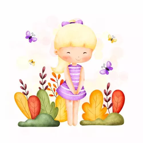 وکتور EPS تصویرسازی آبرنگی دختر بامزه در باغ با پروانه و برگ های پاییزی 27277