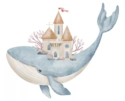 وکتور EPS تصویرسازی آبرنگی نهنگ بامزه در حال حمل قلعه قرون وسطایی تزئین شده با مرجان‌ها 27280