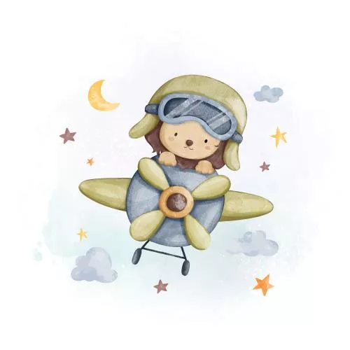 وکتور EPS تصویرسازی آبرنگی شیر سوار بر هواپیما با ابرها و ستاره‌ها 27281