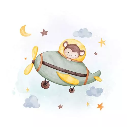 وکتور EPS تصویرسازی آبرنگی میمون با هواپیما و ابر و ستاره 27282