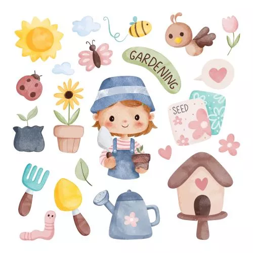 وکتور EPS مجموعه تصویرسازی آبرنگ دختران بامزه و المان‌های باغی 27285