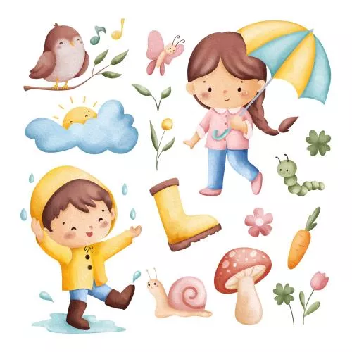 وکتور EPS مجموعه تصاویر وکتور عناصر بهاری کودکان با سبک آبرنگی 27289