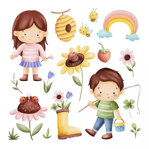 وکتور EPS مجموعه تصاویر وکتور عناصر بهاری کودکانه با سبک آبرنگ 27290