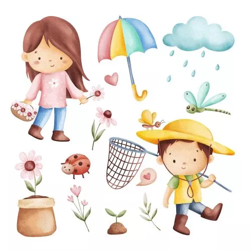 وکتور EPS مجموعه تصاویر وکتور عناصر بهاری کودکان با سبک آبرنگی 27291