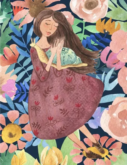 وکتور EPS تصویرسازی آبرنگی دختر خوابیده در مزرعه گل با حلزون در دستش 27294