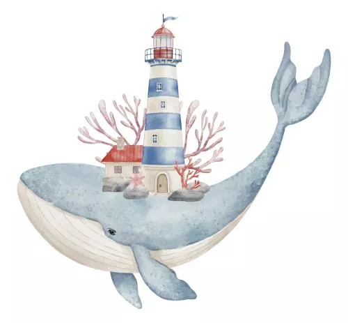 وکتور EPS تصویرسازی آبرنگی نهنگ در حال حمل یک فانوس دریایی خیال‌انگیز بر پشت خود که با مرجان تزئین شده است 27295