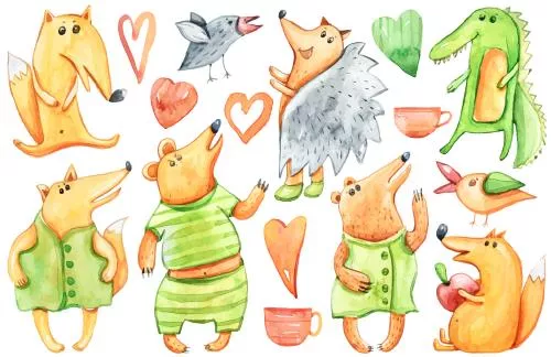 مجموعه وکتور کارتونی جنگلی آبرنگی حیوانات بامزه و خنده دار شامل روباه، خرس، جوجه تیغی و پرنده با فرمت EPS 27298