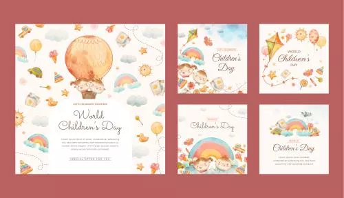 وکتور EPS و AI مجموعه پست های اینستاگرام روز جهانی کودک با سبک آبرنگی 27305