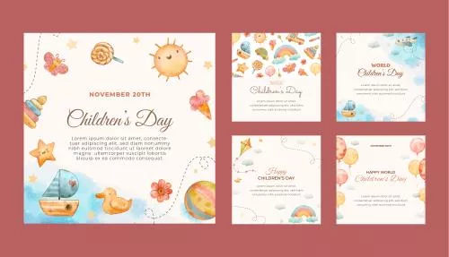 وکتور EPS و AI مجموعه پست های اینستاگرامی روز جهانی کودک با طرح آبرنگی 27306