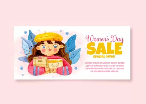 وکتور EPS و AI بنر افقی فروش ویژه روز بین‌المللی زن با طرح آبرنگی 27313