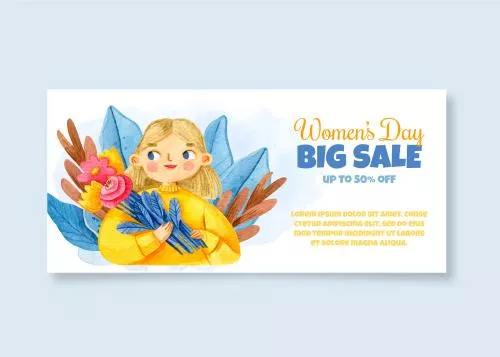 وکتور EPS و AI بنر افقی فروش ویژه روز جهانی زن با سبک آبرنگی 27314