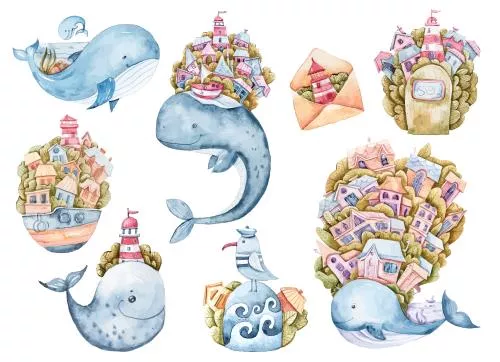 وکتور EPS مجموعه وکتور حیوانات دریایی آبرنگی کاراکترهای کارتونی بامزه تصویرسازی برای تولد نوزاد 27317