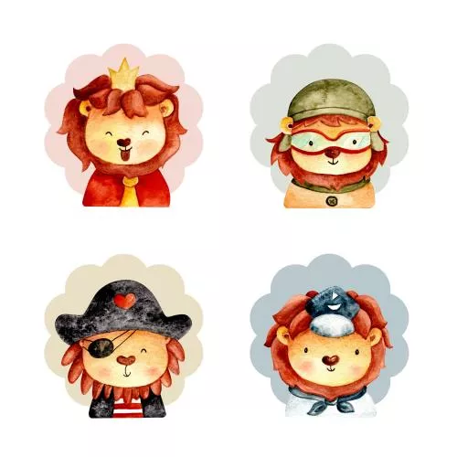 وکتور EPS مجموعه آبرنگ صورت شیر بامزه 27318