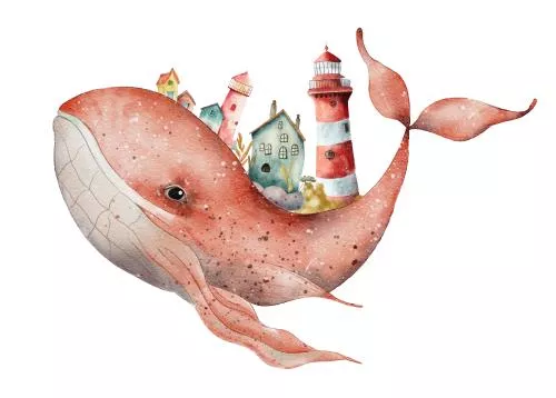 عکس با کیفیت تصویر کارتونی فانتزی نهنگ صورتی آبرنگی با پس‌زمینه فانوس دریایی 27319