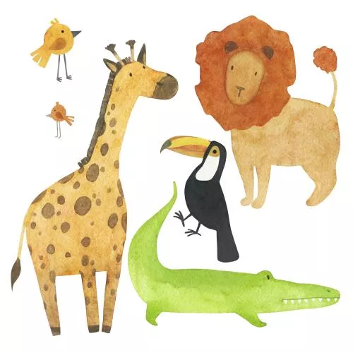 عکس با کیفیت مجموعه آبرنگ با حیوانات ساوانای آفریقایی روی پس زمینه سفید 27320