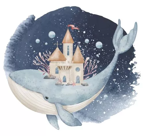 وکتور EPS تصویرسازی آبرنگی نهنگ با قلعه جادویی روی پشتش توسط حباب‌های مرجانی احاطه شده  27321