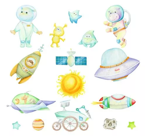 وکتور EPS مجموعه وکتور آبرنگ ایزوله پس زمینه شامل کرگدن ، اسب آبی ، زرافه ، فیل ، خورشید ، موشک ، ستاره ، سیاره و موجودات فضایی 27322