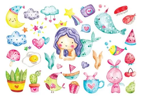 وکتور EPS مجموعه نقاشی‌های آبرنگ از المان های بامزه 27324