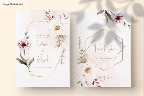 فایل PSD کارت دعوت عروسی آبرنگی زیبا با گل و شاخ و برگ بوهمیایی ظریف 27336