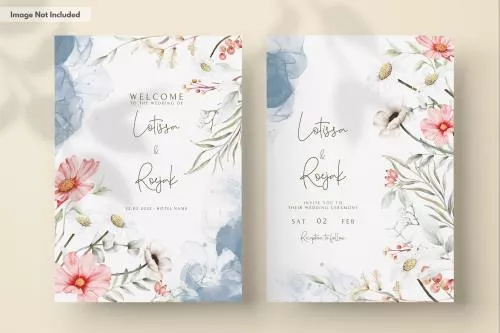فایل PSD کارت دعوت عروسی آبرنگ زیبا با گل‌های ظریف و شاخ و برگ کوچک 27339