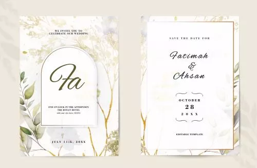 فایل PSD کارت دعوت عروسی زیبا با گل های اکالیپتوس آبرنگی طلایی و سبز 27342