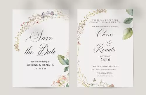 فایل PSD کارت دعوت عروسی زیبا با گل‌های وحشی آبرنگی 27344