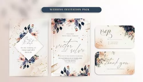 فایل PSD کارت دعوت عروسی شیک و زیبا با طراحی دو طرفه آبرنگی با گل های ظریف آبی دریایی و فیروزه ای و صورتی 27348