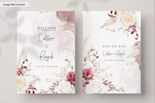 فایل PSD قالب دعوتنامه عروسی دو طرفه با گل آبرنگی بوهمین با حاشیه گل 27349