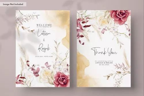 فایل PSD قالب دعوتنامه عروسی دو طرفه با گل آبرنگی بوهمین قابل ویرایش با فتوشاپ 27350