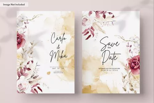 فایل PSD قالب دعوتنامه عروسی دو طرفه با گل آبرنگی بوهمین 27351