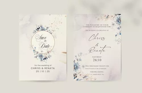 فایل PSD قالب دعوتنامه عروسی شیک دو طرفه با گل آبی ظریف و زیبا با طراحی مدرن و قابل ویرایش با فتوشاپ 27353