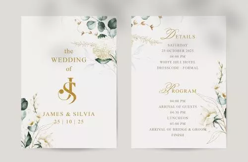 فایل PSD کارت دعوت عروسی سفید زیبا با طرح گل های وحشی به سبک بوهمی و آبرنگی بسیار شیک و ساده قابل ویرایش با فتوشاپ 27354