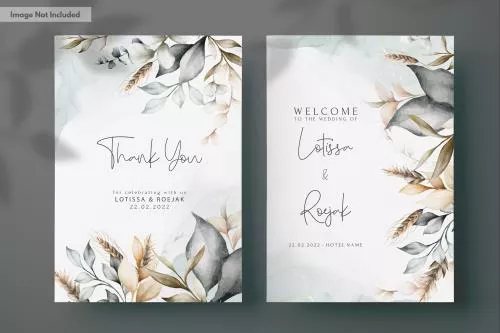 فایل PSD قالب کارت عروسی آبرنگی برگ قهوه‌ای ظریف 27355