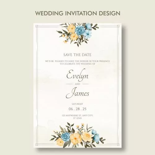 فایل PSD دعوتنامه عروسی با حاشیه گل‌دار و سبک آبرنگی شیک 27358