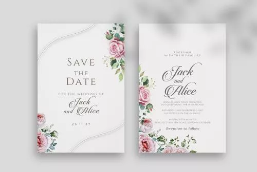 فایل PSD قالب دعوتنامه عروسی با گل رز سفید و شکوفه گیلاس 27362