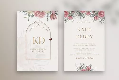 فایل PSD قالب دعوت بافت عروسی با گل صورتی 27363