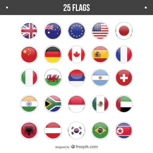 وکتور EPS و AI مجموعه 25 پرچم گرد شامل کشور های انگلیس و استرالیا و آمریکا و ژاپن و کاناد و اسپانیا و آلمان و چین و ایتالیا و ولز و آرژانتین 25156