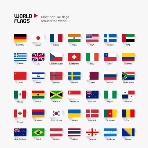 وکتور EPS پرچم کشور های دنیا شامل آلمان و ژاپن و فرانسه و هند و آمریکا و امارت و انگلیس و ایتالیا و چین و قطر و روسیه و مکزیک و کانادا 25171