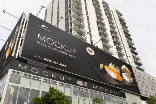 فایل PSD موکاپ بیلبورد خیابانی از نمای پایین با تصویر زمینه ساختمان بلند 25214