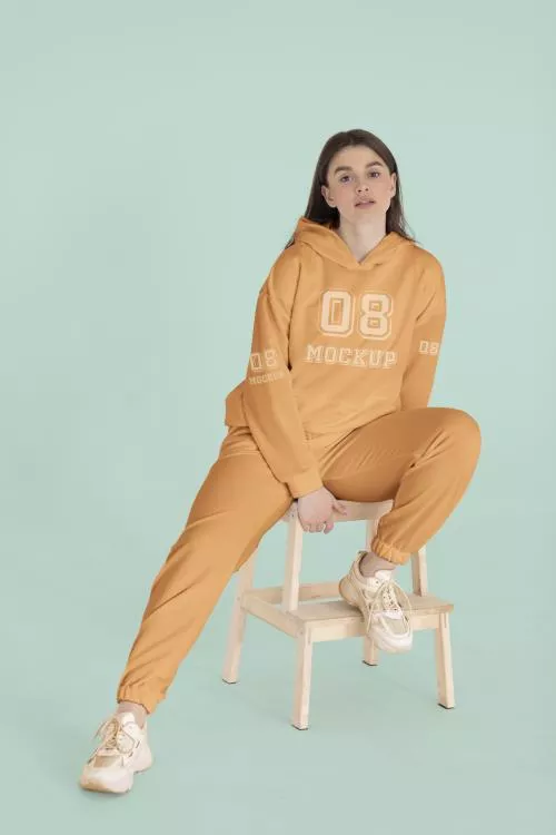 فایل PSD موکاپ هودی و شلوار مدل خانم 25228