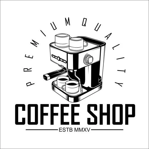 وکتور EPS قالب لوگوی کافی شاپ و کافه شامل دستگاه اسپرسو ساز به صورت لایه باز و قابل ویرایش 25316