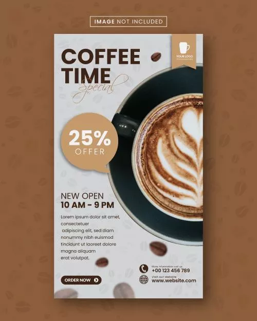 وکتور EPS قالب استوری و پست اینستاگرام برای کافه و کافی شاپ با المان های قهوه لاته و درصد تخفیف و جای متن و توضیحات به صورت لایه باز و رایگان 25319
